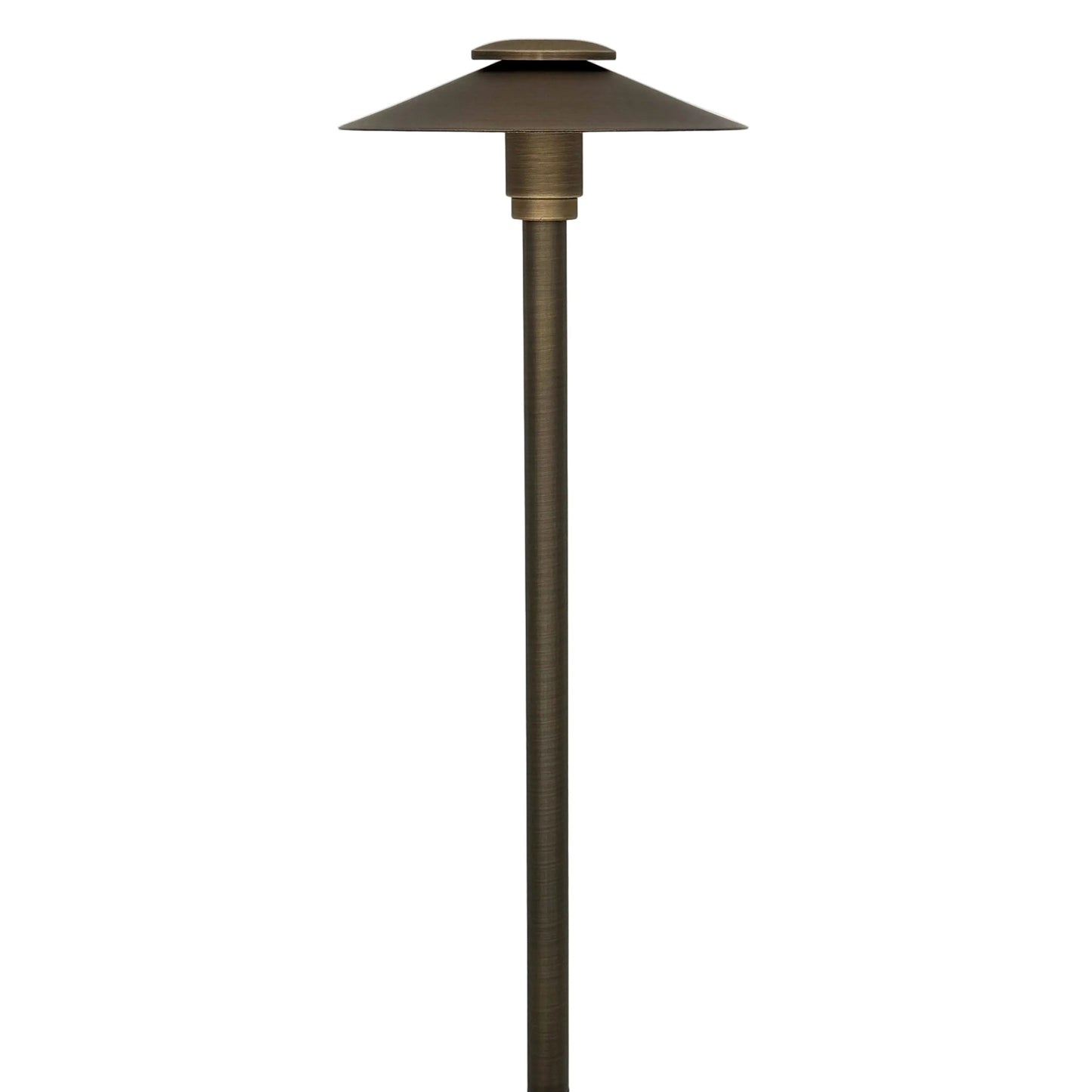 A modern outdoor patio stake lamp with a tapered metal shade and a long cylindrical pole, finished in a dark bronze color, shown against a plain white background.