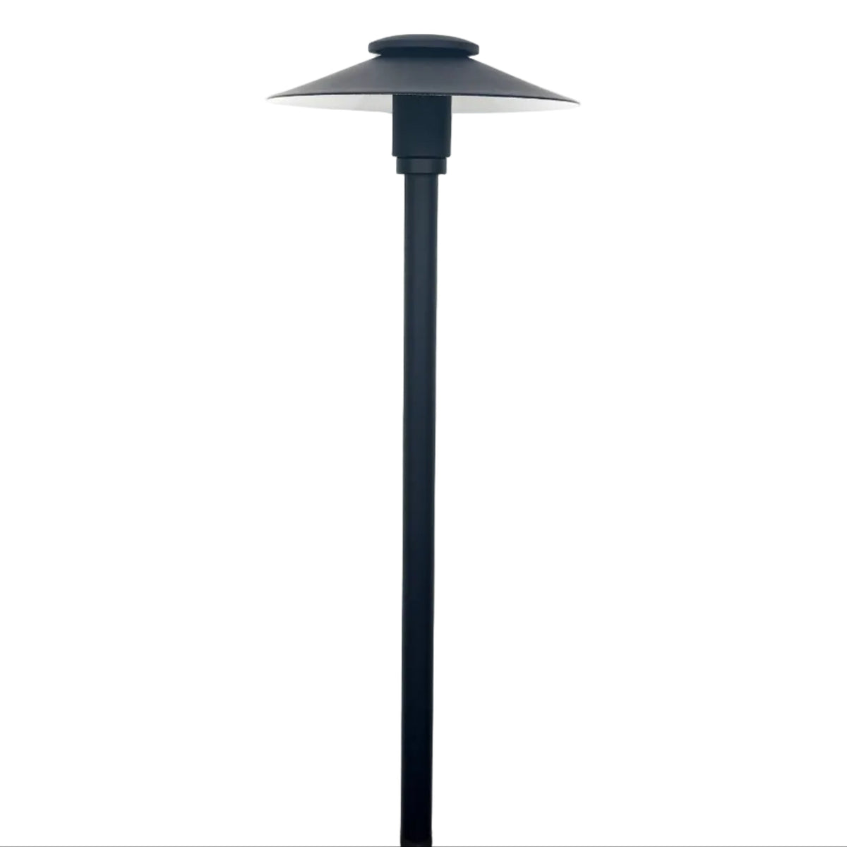 A modern black metal garden stake light with a tiered, saucer-shaped shade, shown against a plain white background.